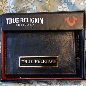 True Religion Black Key & Card Holder with Iconic Branding
